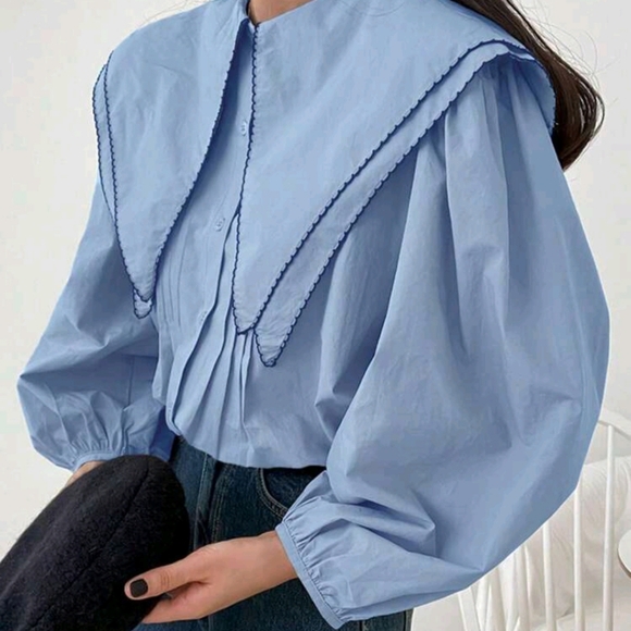 Tops - Women's Casual Ruffle Collar Long Sleeve Blouse, Spring/Fall